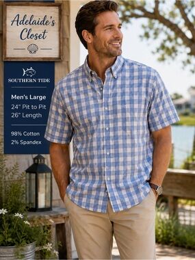 Southern Tide Men’s Large Blue Cream Plaid Short Sleeve Button Down Shirt